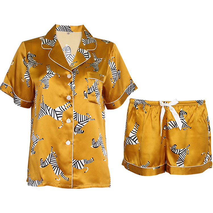 16Momme Pure Mulberry Silk Short Sleeves Notch Collar Printing Pajamas Set [SKPA0031]