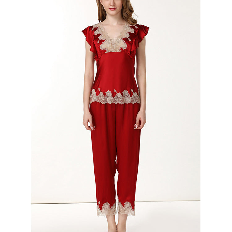Pure Mulberry Silk Short Sleeves Round Collar Lace Pajamas Set [SKPA0054]