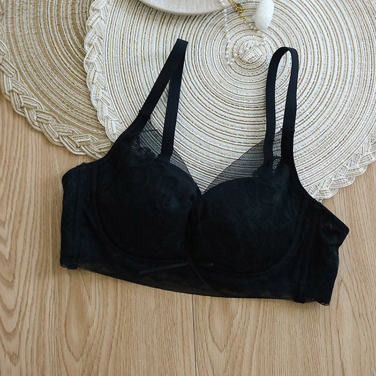 Wireless Romantic Gathered 3/4 Cup Lace Mulberry Silk Bras [SKBR0062]