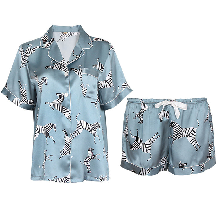 16Momme Pure Mulberry Silk Short Sleeves Notch Collar Printing Pajamas Set [SKPA0031]
