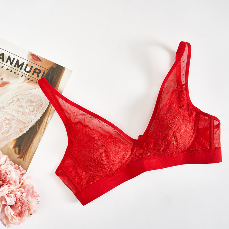 Wireless Romantic Gathered 3/4 Cup Lace Mulberry Silk Bras [SKBR0028]