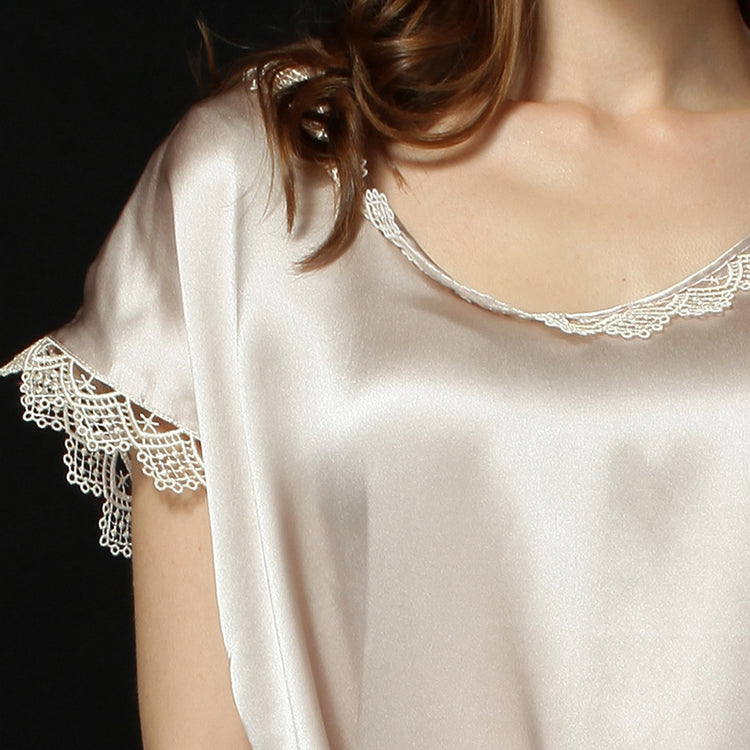 16Momme Pure Mulberry Silk Elegant Above Knee Lace Sleepshirt [SKSH0044]