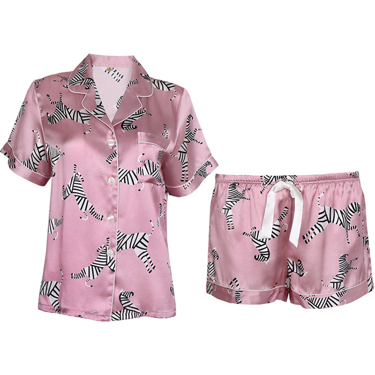 16Momme Pure Mulberry Silk Short Sleeves Notch Collar Printing Pajamas Set [SKPA0031]