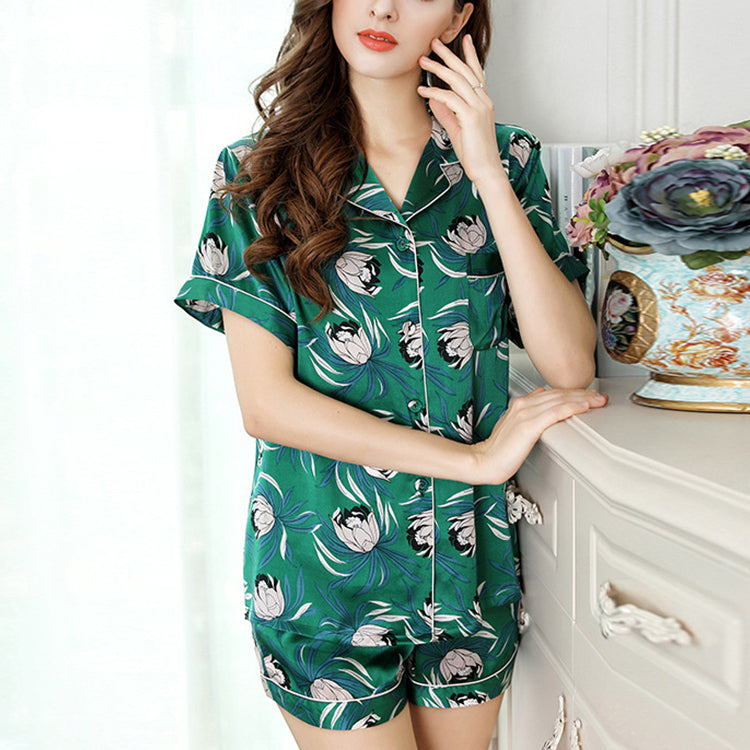 16Momme Pure Mulberry Silk Short Sleeves Notch Collar Printing Pajamas Set [SKPA0040]