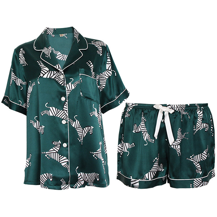 16Momme Pure Mulberry Silk Short Sleeves Notch Collar Printing Pajamas Set [SKPA0031]